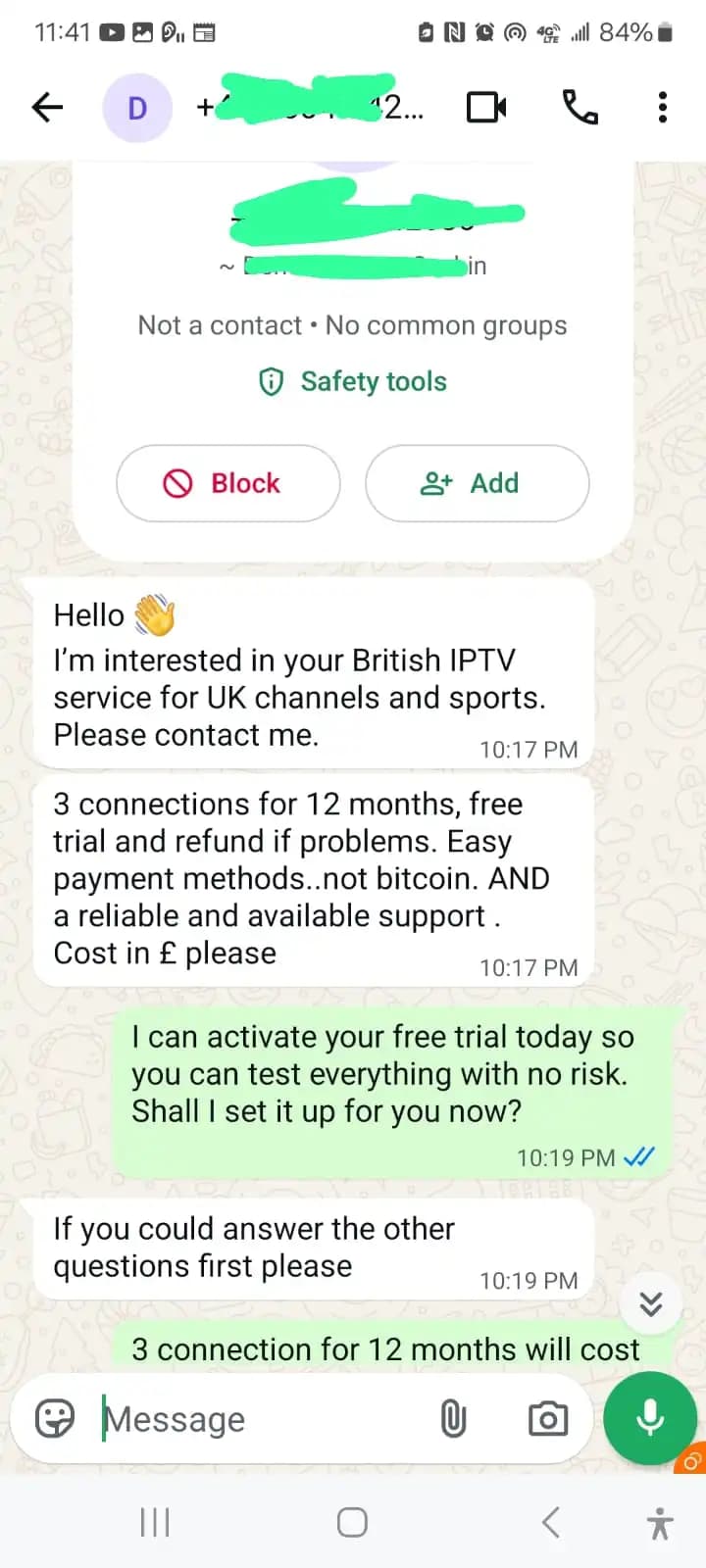 WhatsApp conversation with a UK subscriber about the 12-month plan