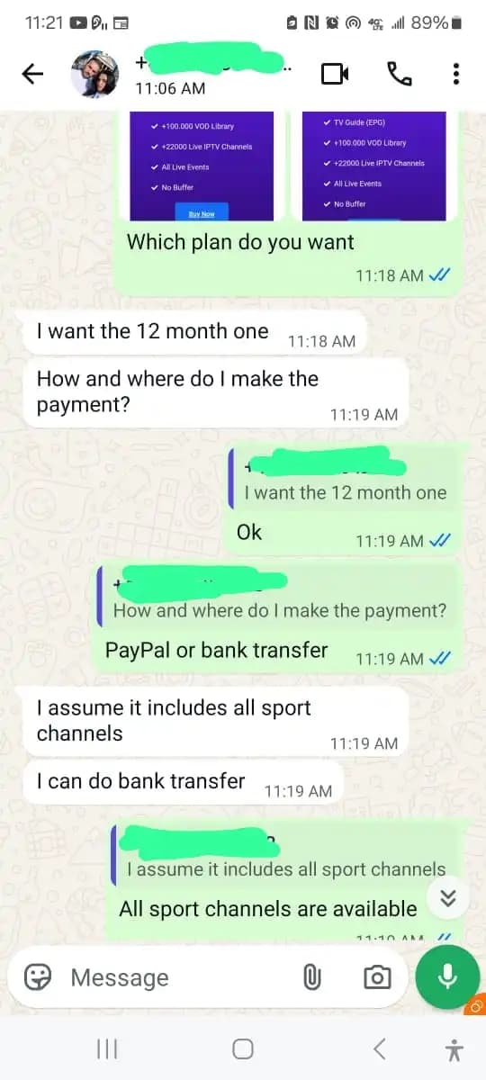 WhatsApp conversation where a subscriber orders the 12-month plan