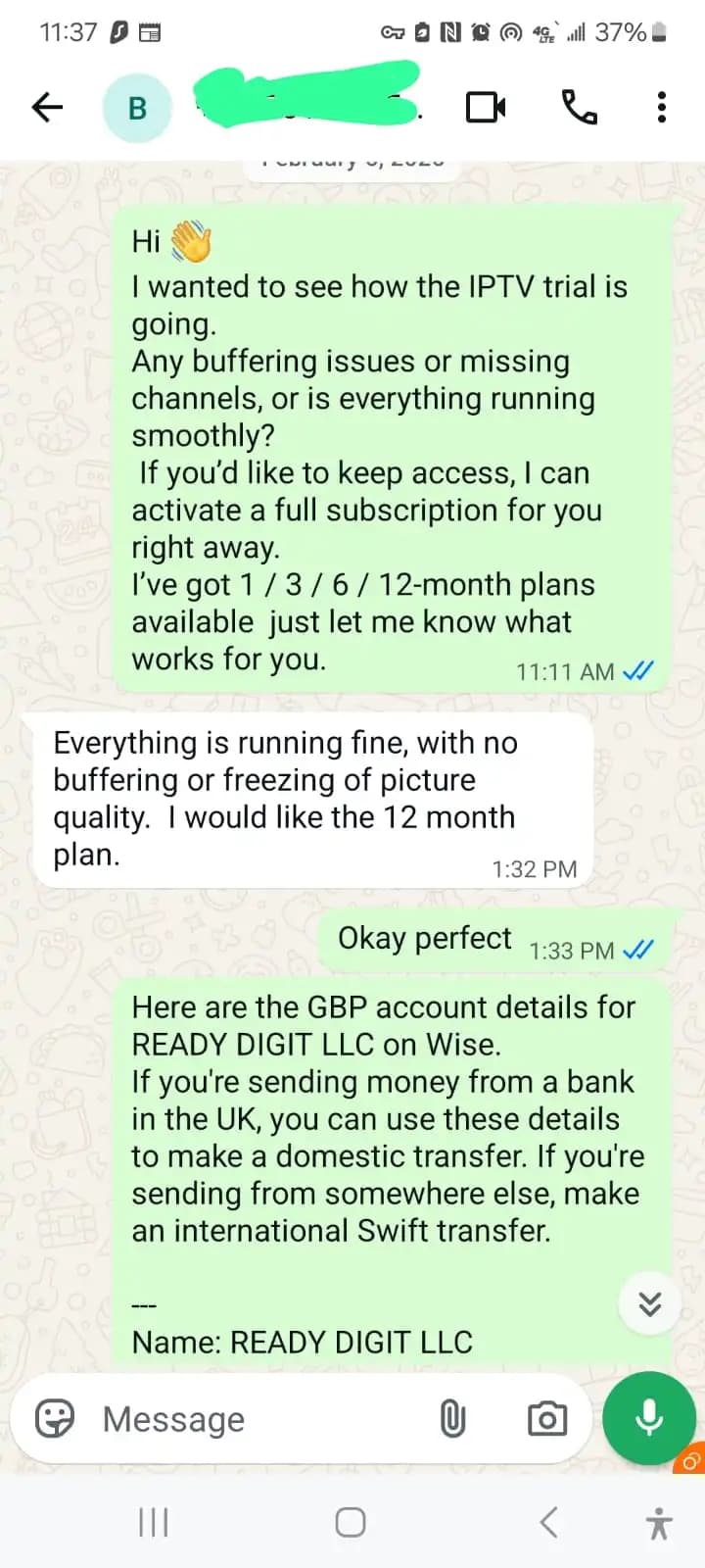 WhatsApp conversation with a subscriber confirming no buffering